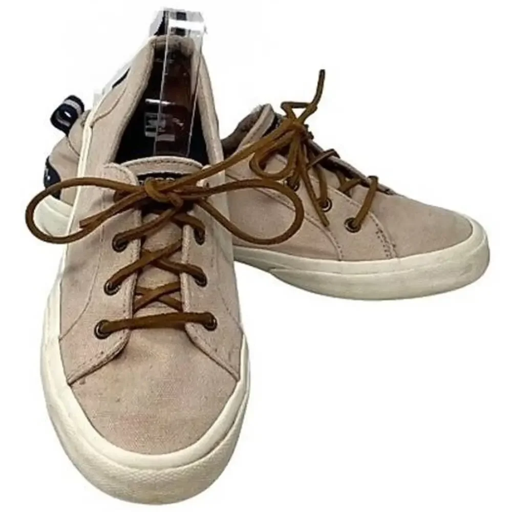 SPERRY Crest Vibe Oat Beige Linen Sneaker Cowhide Leather Laces ~ Women's Size 8